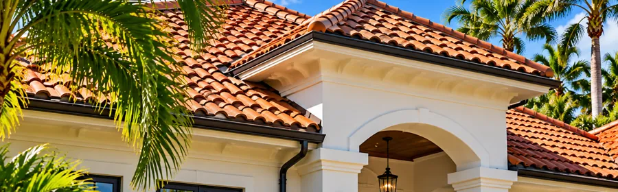 A Florida home with a dark tile roof, seen from below against palm trees