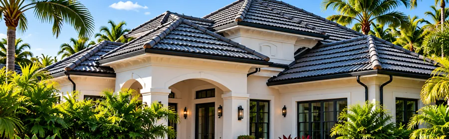 A Florida home with a dark tile roof, framed by palm trees