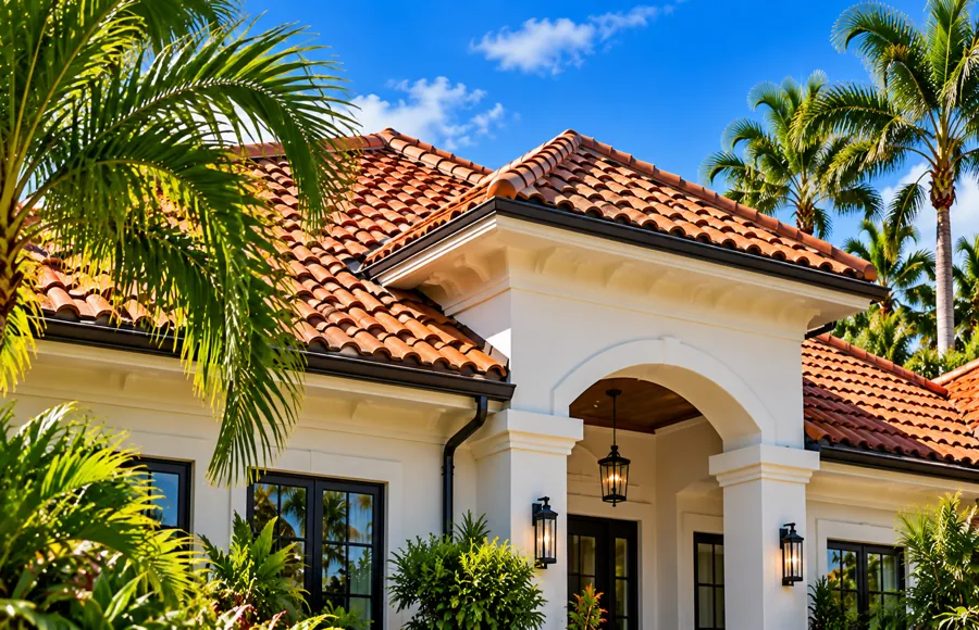 A Florida home with a clay tile roof, framed by palm trees