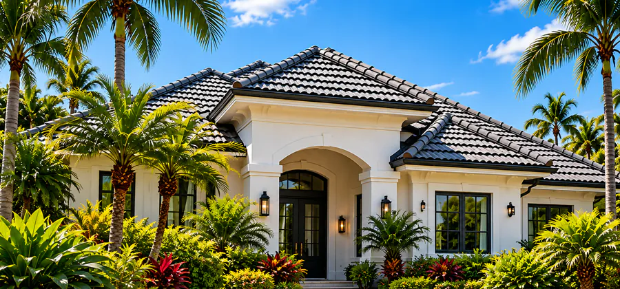 A Florida home with a tile roof, framed by palm trees